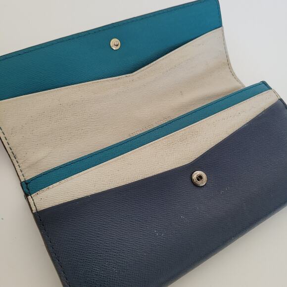 Michael Kors MK Navy Blue Color Block Wallet Clutch Large Logo Saffiano Leather - Picture 3 of 12